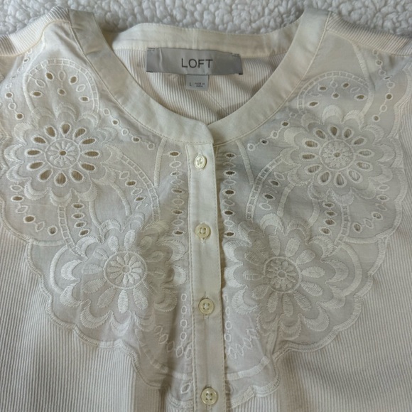 Loft Eyelet Yoke Mixed Media Top in Ecru Ivory Cream Size L Large #596116 - Picture 6 of 13